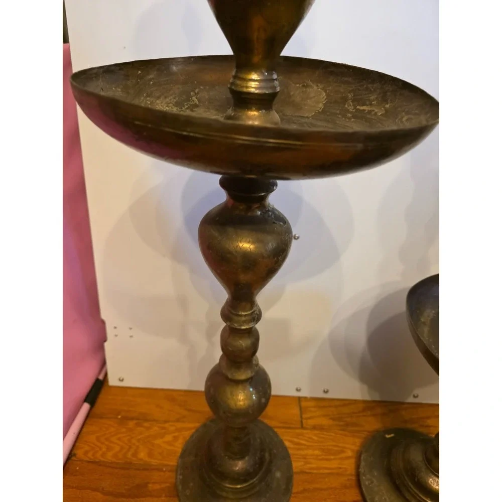 Moroccan Etched Brass Pillar Floor Altar Candlesticks Candle Holders Set Vintage